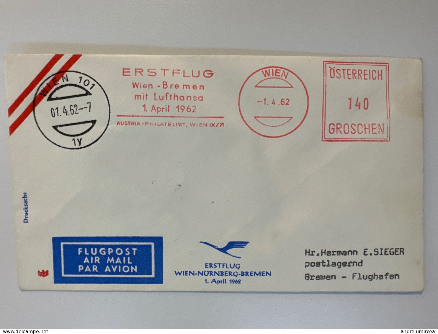 1962 Erstflug Wien Bremen Mit Lufthansa - Abarten & Kuriositäten