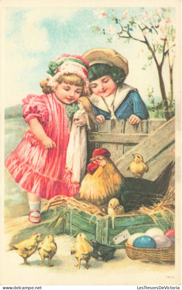 ARTS - Peintures Et Tableaux - Des Enfants Regardant Le Coq Et Ses Poussins - Carte Postale Ancienne - Peintures & Tableaux