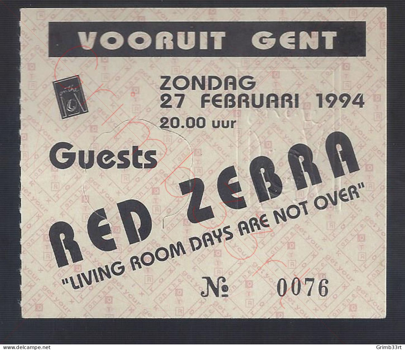 Red Zebra - 27 Februari 1994 - Vooruit Gent (BE) - Concert Ticket - Concert Tickets