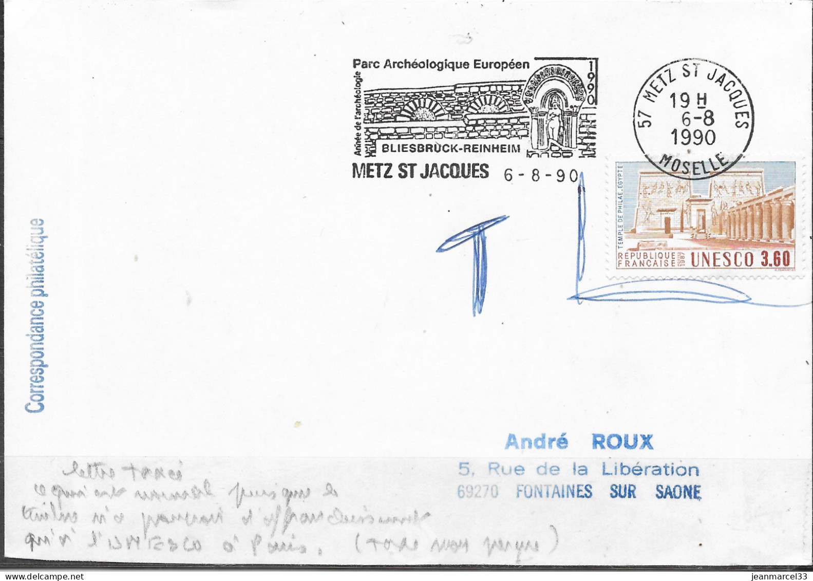 Lettre Taxée, Timbre De L' UNESCO Oblitéré Avec Flamme =o à 57 Metz St Jacques 6-8 1990 - Storia Postale