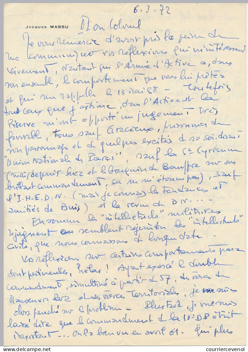 FRANCE - Lettre Autographe De La Main Du Général JACQUES MASSU, En Retraite, 6 Mars 1972, Depuis Les Invalides - Político Y Militar