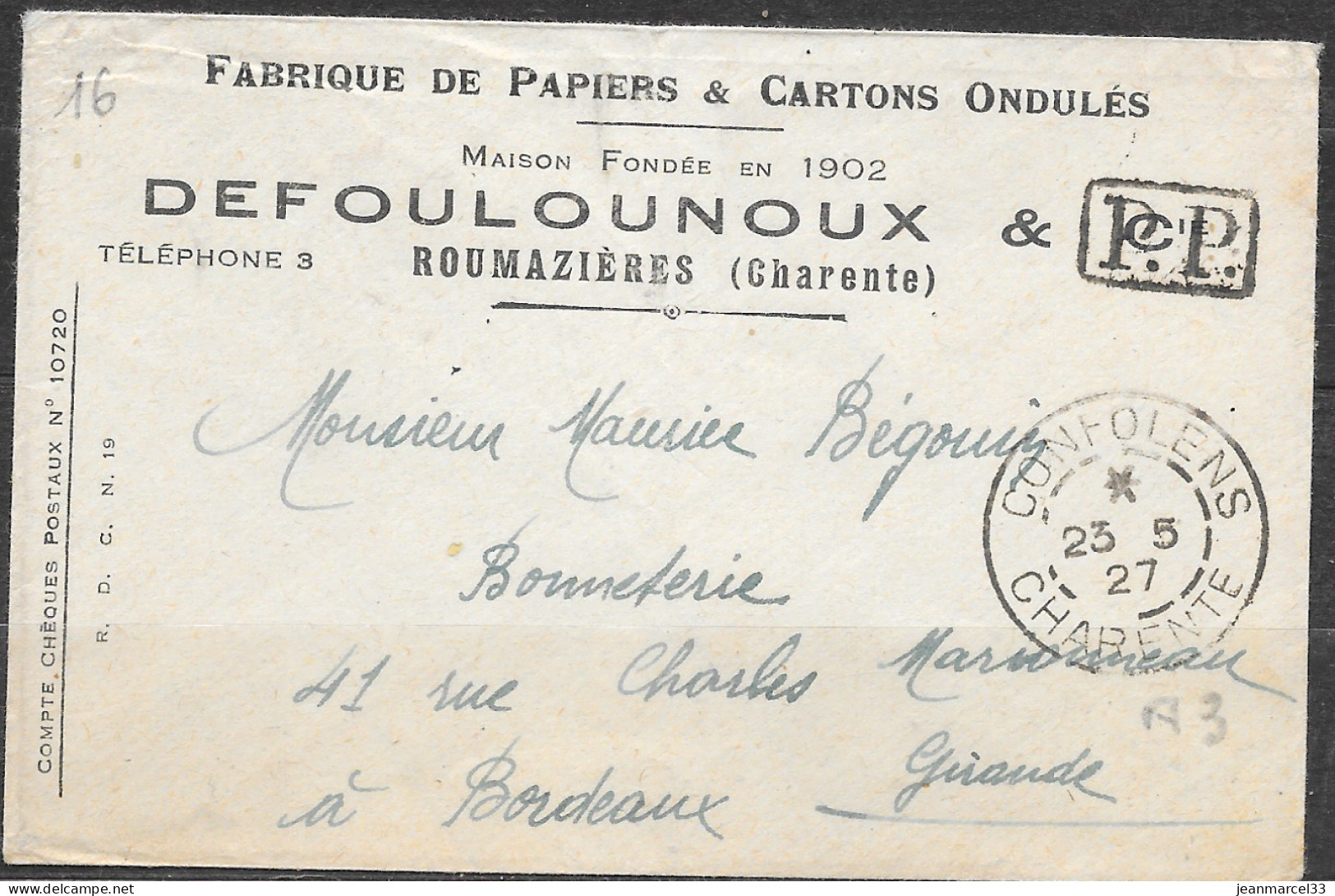 Cachet Manuel A3 Confolens 23 5 27 Plus P.P. Dans Un Rectangle Sur Mignonette à Entête - Storia Postale