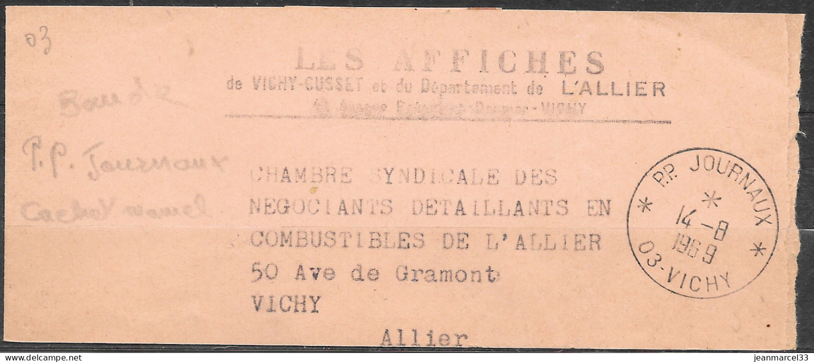 Cachet Manuel A7 *PP Journaux* 03 Vichy I4-8 I969 Sur Bande De Journal - Lettres & Documents