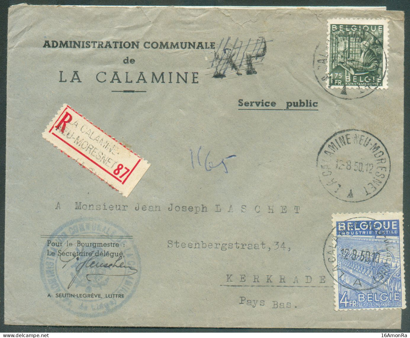 CANTONS De L'EST -  INDUSTRIE 1Fr.75 Et 4Fr. Obl. Sc LA CALAMINE NEU-MORESNET  sur Lettre Recommandée Du 12.8.1950 + Gri - Briefe U. Dokumente