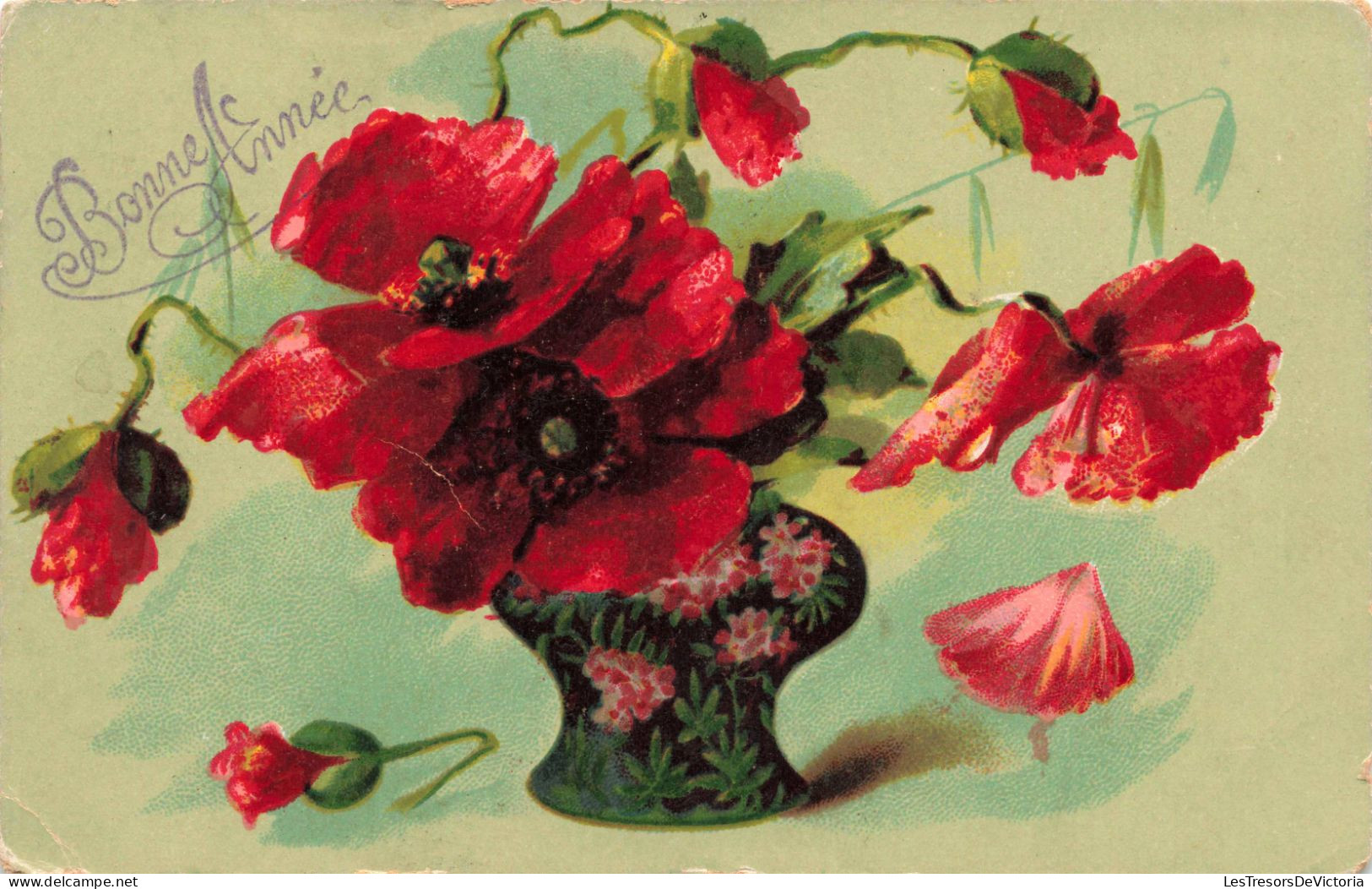 FLEURS - Bonne Année - Coquelicots - Colorisé - Carte Postale Ancienne - Flores