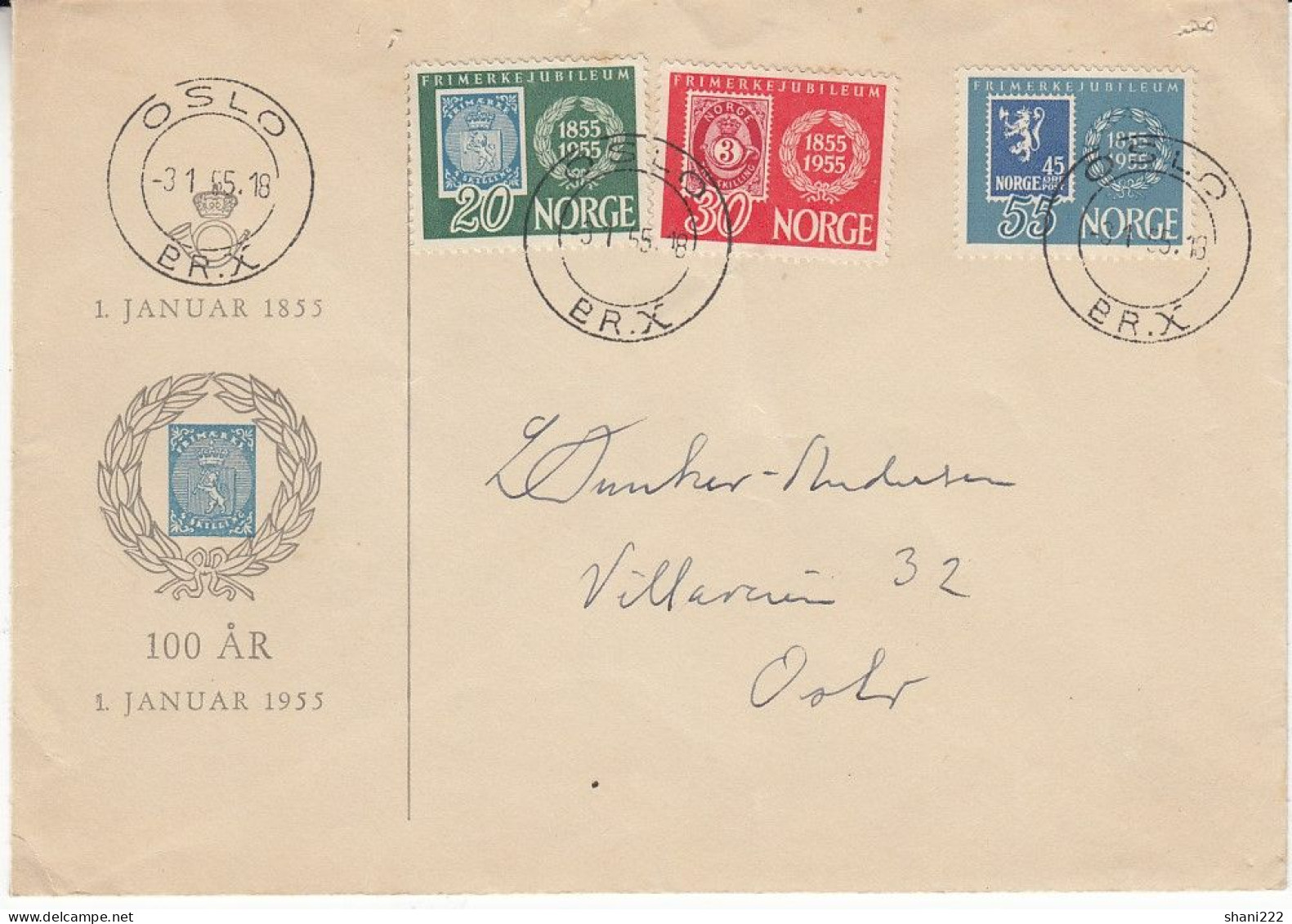 Norway 1955 Anniversary Of Stamp, FDC (12-15) - Cartas & Documentos