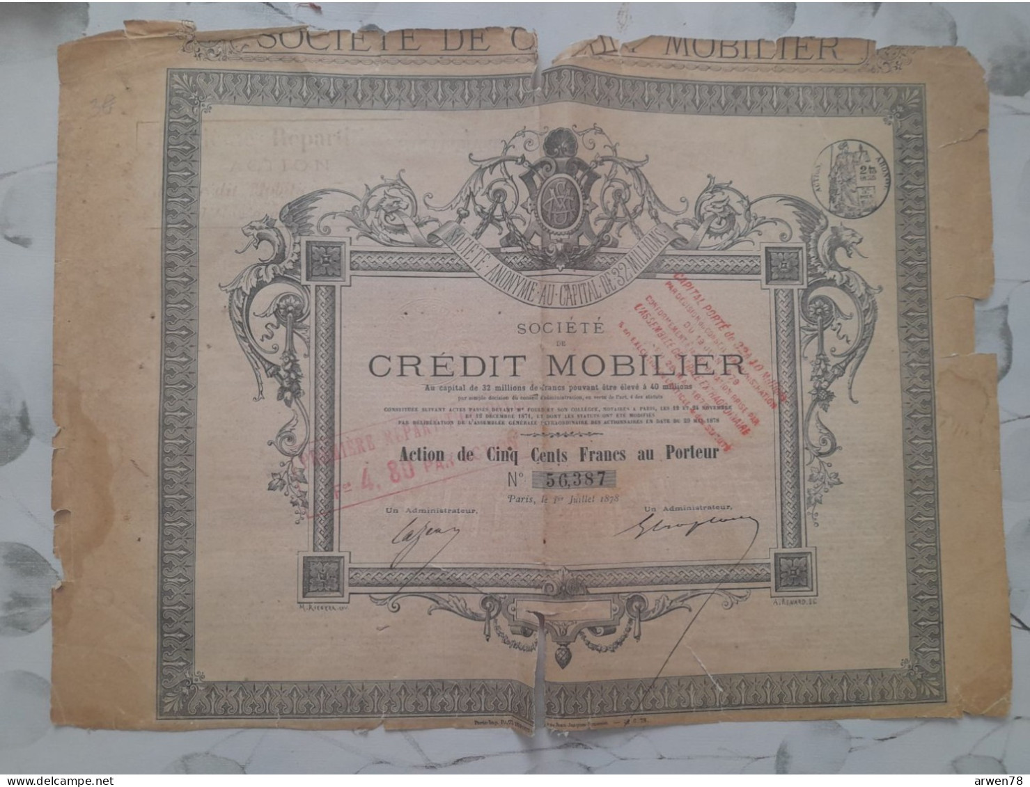 Action Titre CREDIT MOBILIER 500 FRANCS 1878 - Banque & Assurance