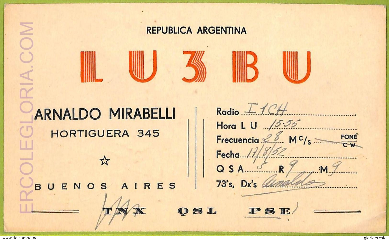 Af1318  - ARGENTINA - RADIO CARD - Buenos Aires - 1952 - Radio