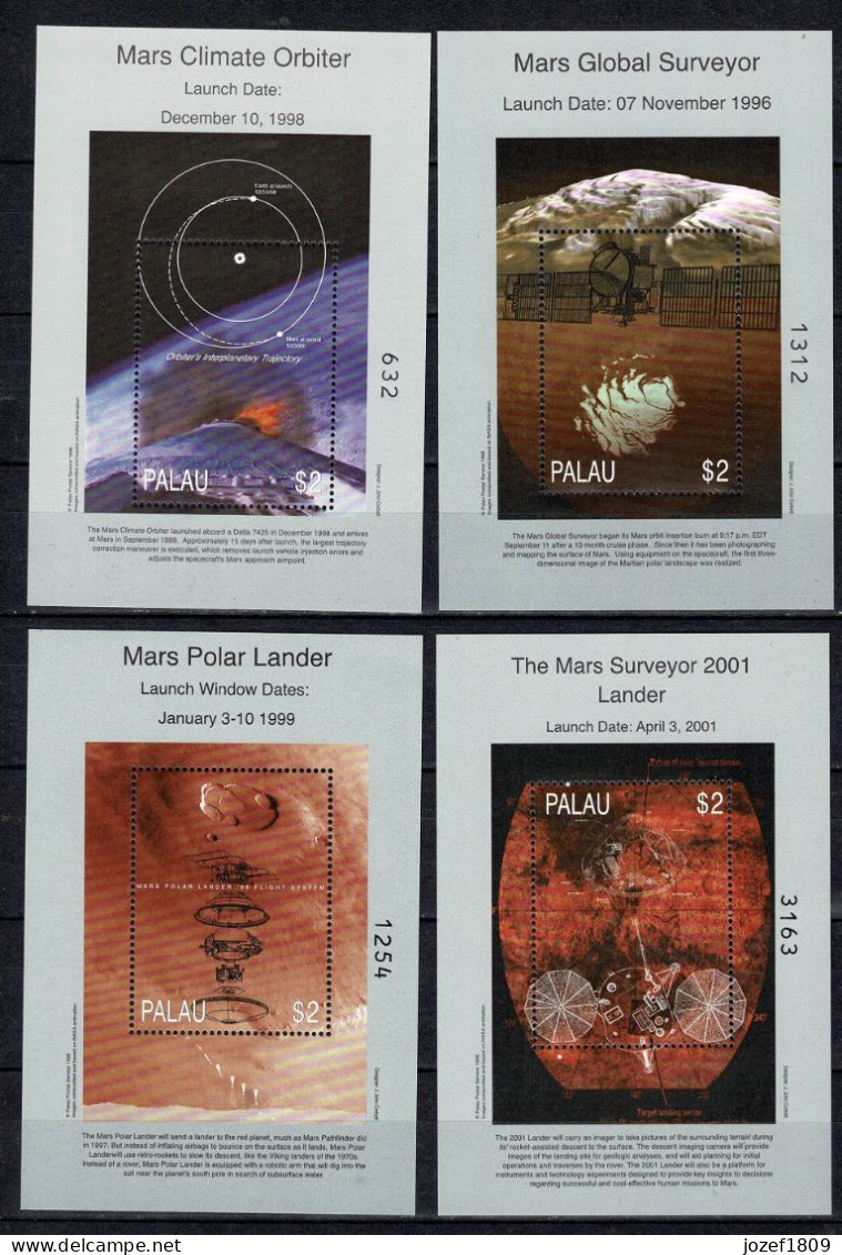 Palau Space 1999 Missions To The Planet Mars, 4 Souvenir Sheets - Palau