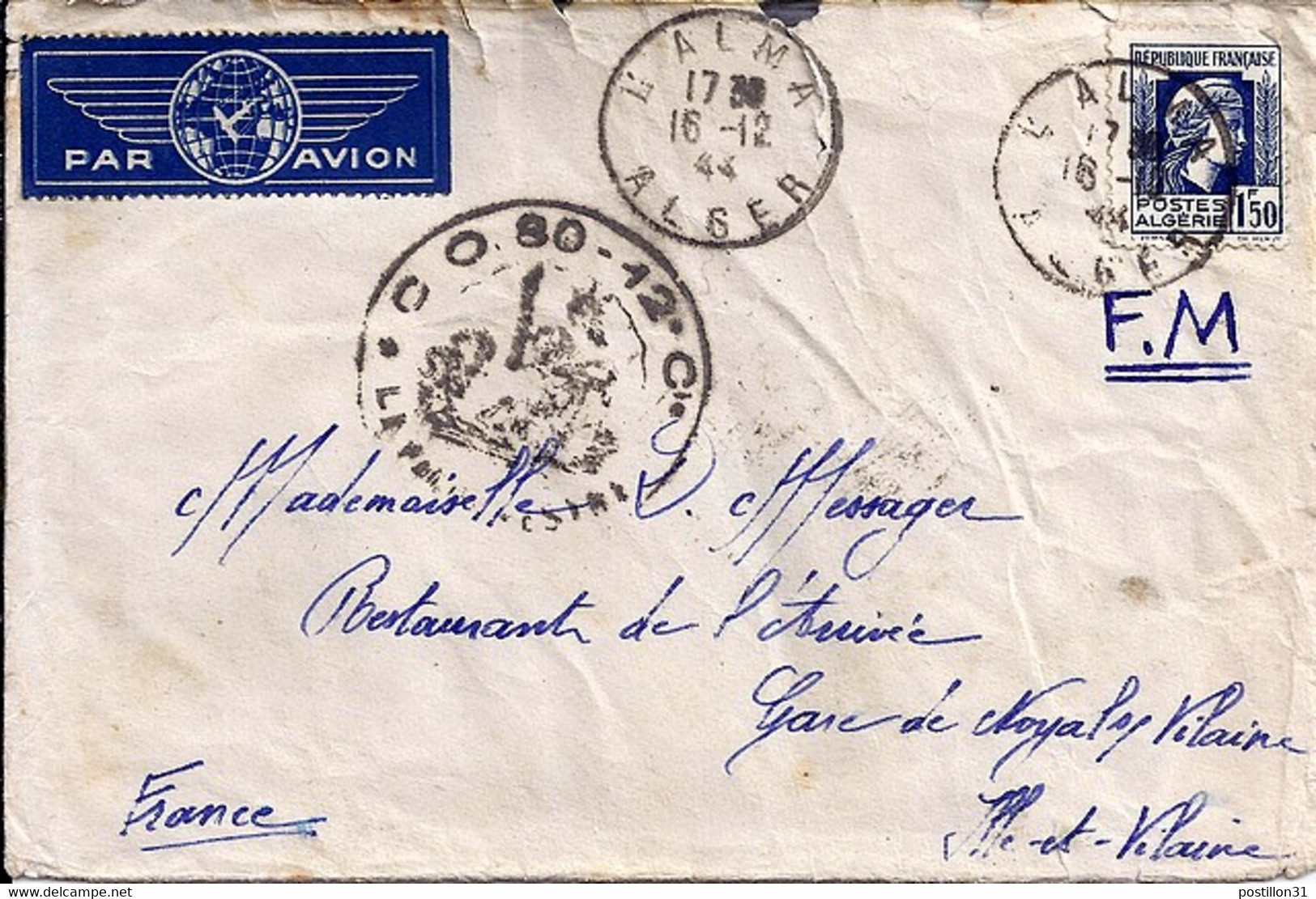 TYPE COQ ET MARIANNE D'ALGER N° 639 (n°214 D'ALGERIE) TAXE AVION SUR L. EN F.M. D'ALGERIE / 31.12.44 POUR RENNES - 1944 Coq Et Marianne D'Alger