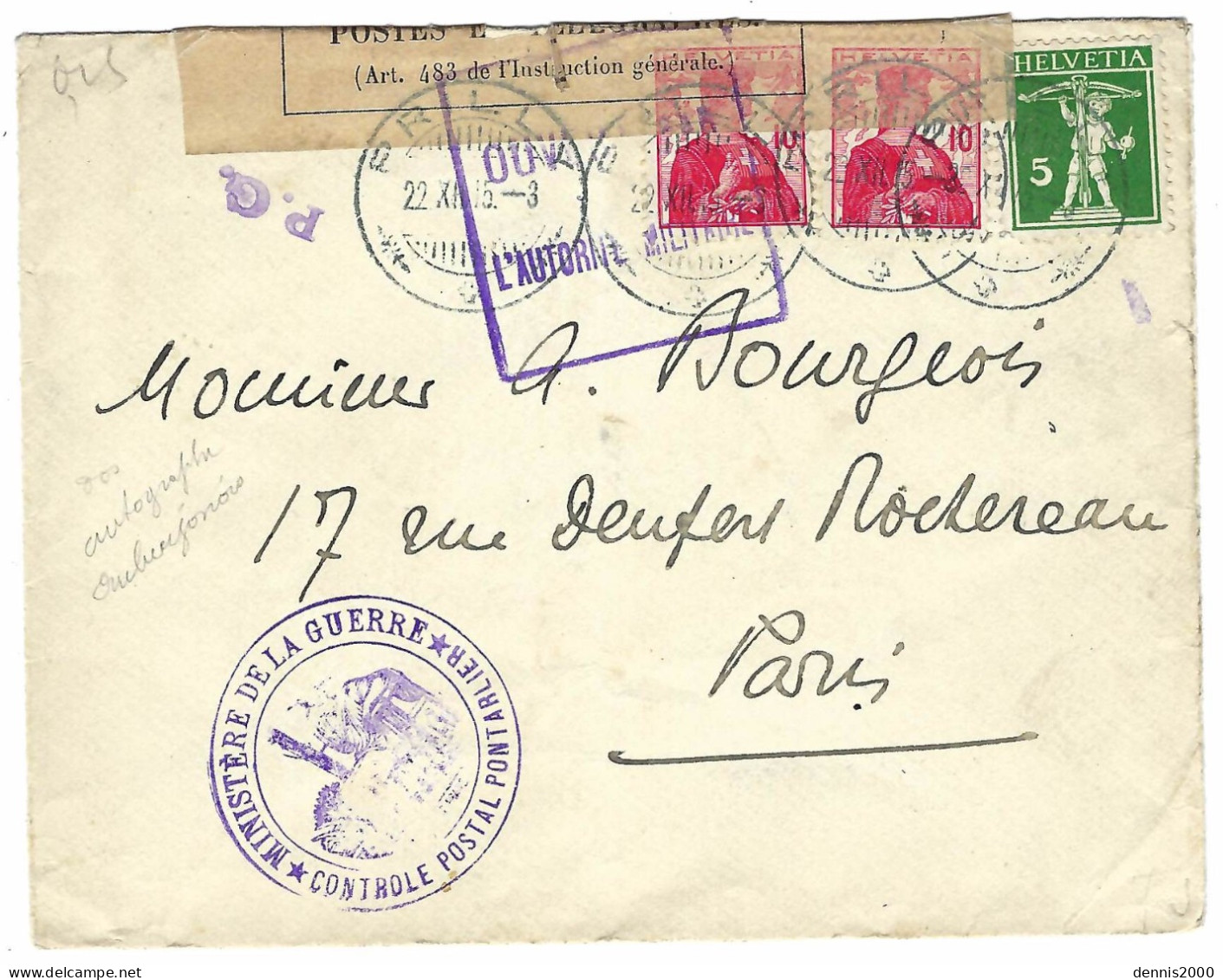 1915 - Au Dos, Autographe De René Auberjonois 1872 / 1957 Célèbre Peintre De Lausanne - Env. De Suisse Pour Paris - Peintres & Sculpteurs