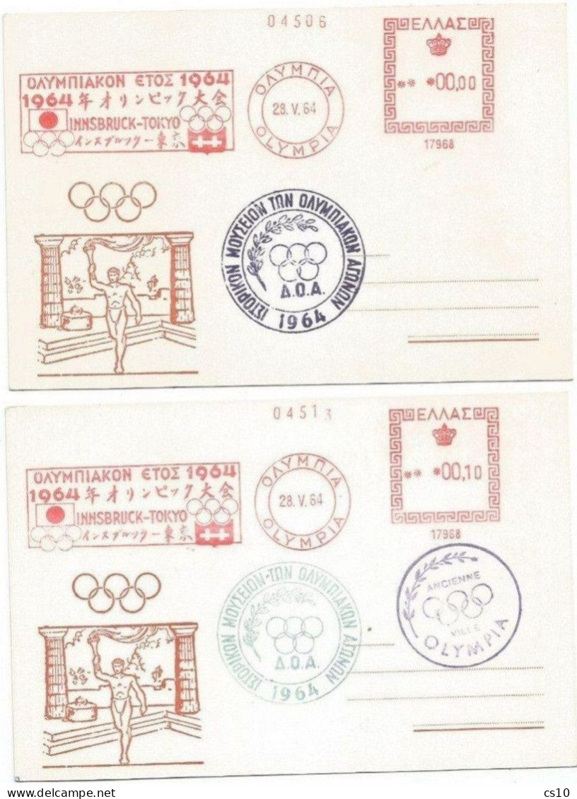 Olympic Flame 1964 Innsbruck Tokyo Olympia Greece #2 Cards Different Meters Incl. 1 Specimen Dr.00,00 On 28may64 - Inverno1964: Innsbruck