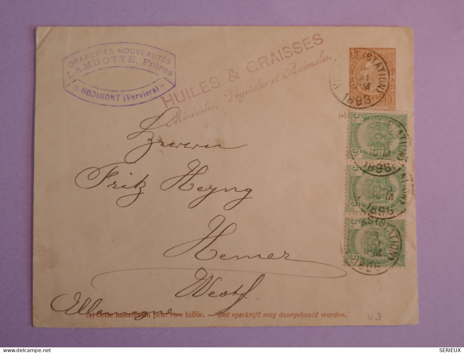 DC14 BELGIQUE  BELLE LETTREENTIER  PRIVEE 1896 ODIMONT A  HENNER GERMANY ++AFF. INTERESSANT++ - Other & Unclassified