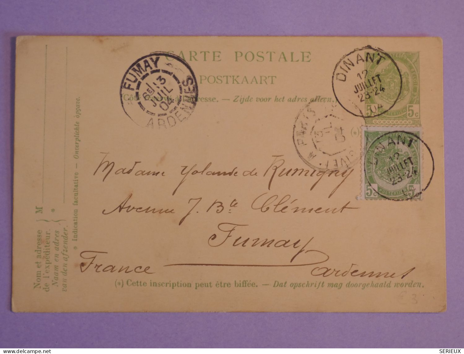 DC14 BELGIQUE  BELLE LETTRE ENTIER   1904 DINAN A  FUMAY FRANCE  ++AFF. INTERESSANT++ - Altri & Non Classificati