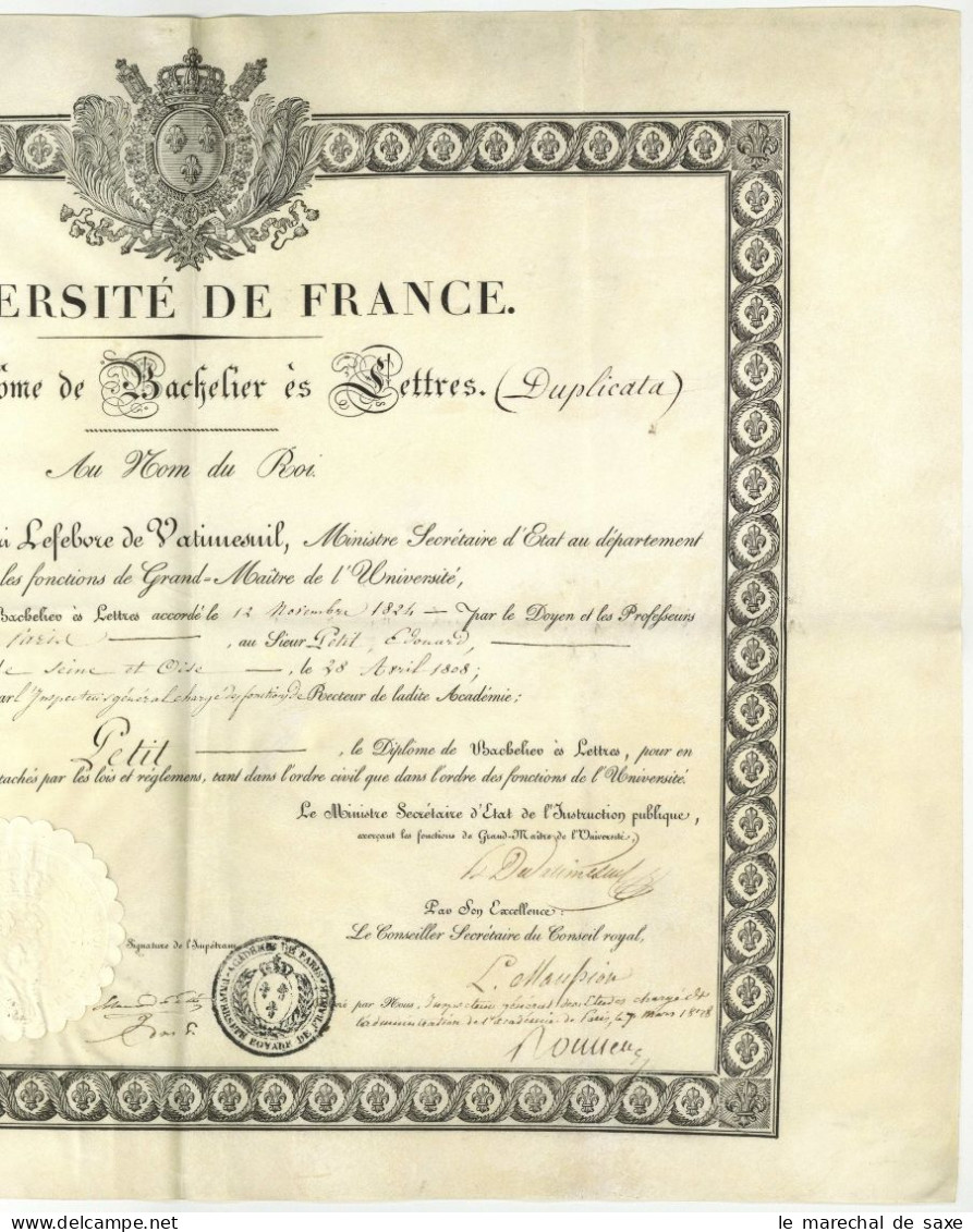 Diplome Universite France 1808 Lefebvre De Vatimesnil + Georges Cuvier (1769-1832) 1828 - Documenti Storici