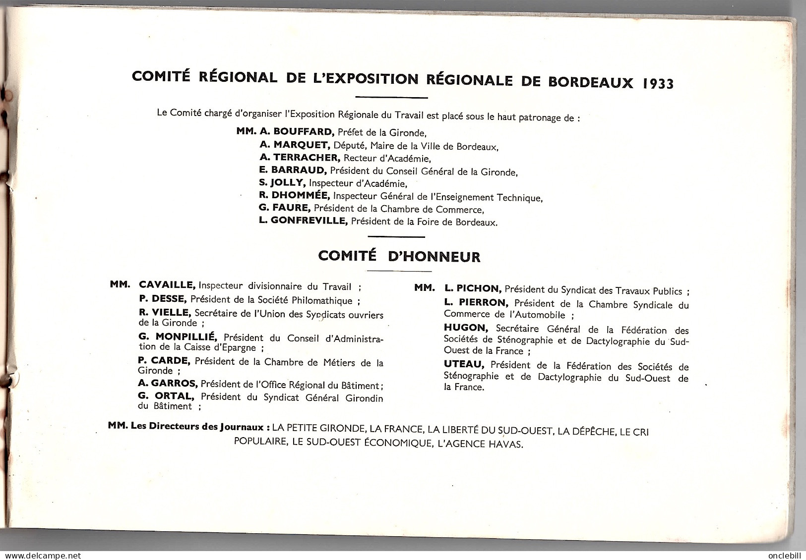 BORDEAUX 3ème exposition régionale travail chefs-d'œuvre meilleur ouvrier France 1933 DOCUMENT