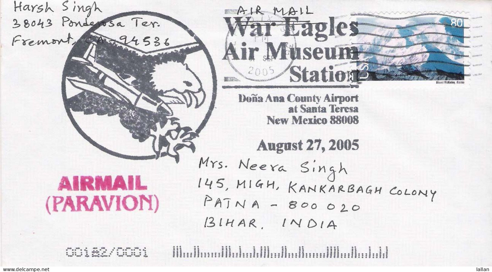War Eagles Museums, US Pictorial Postmark On Genuinely Used AIRMAil Cover From US To India, 2005 - LPS3 - Aigles & Rapaces Diurnes