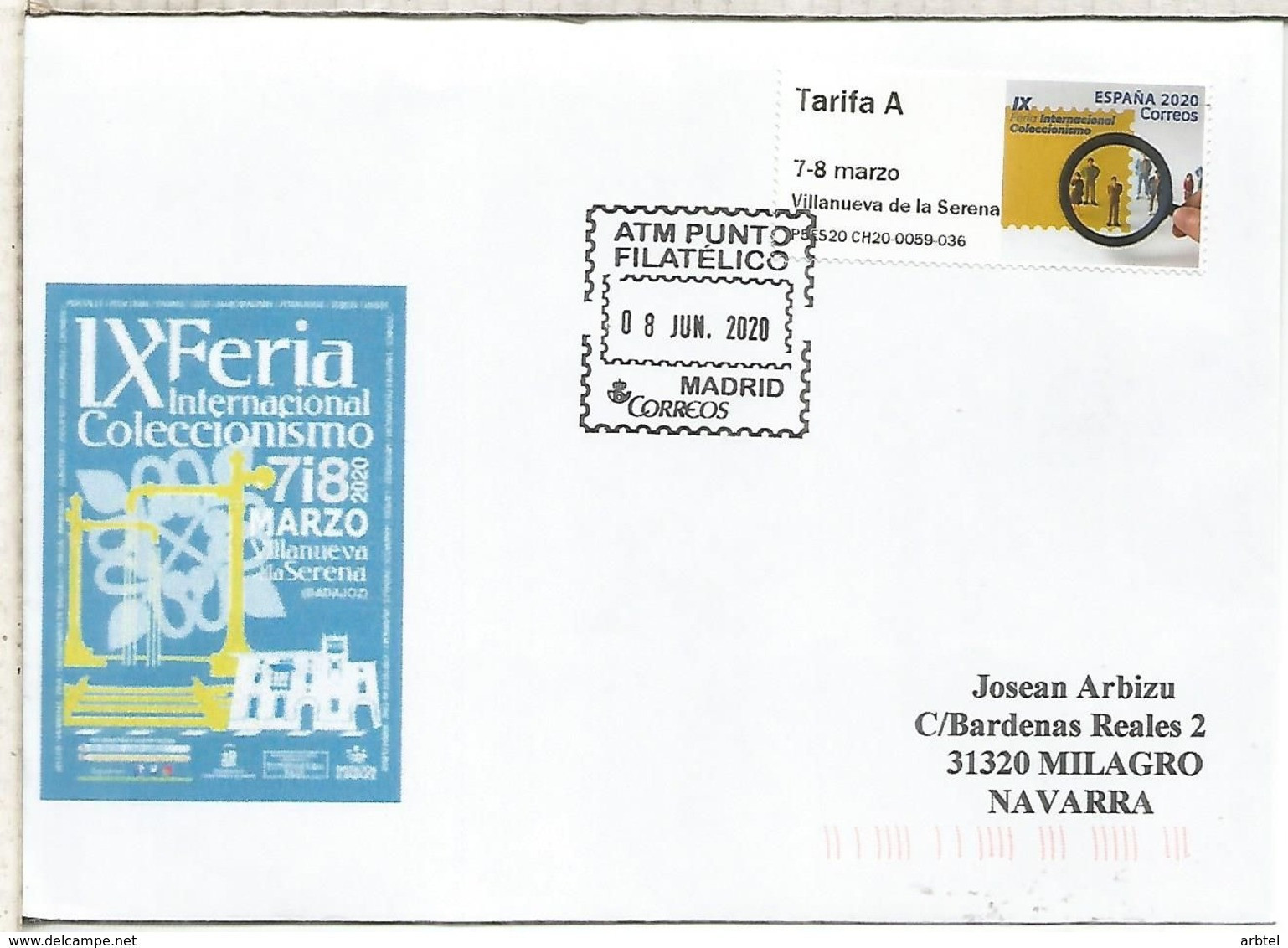 CC CON ATM FERIA DE VILLANUEVA DE LA SERENA BADAJOZ MAT PUNTO FILATELICO MADRID - Lettres & Documents