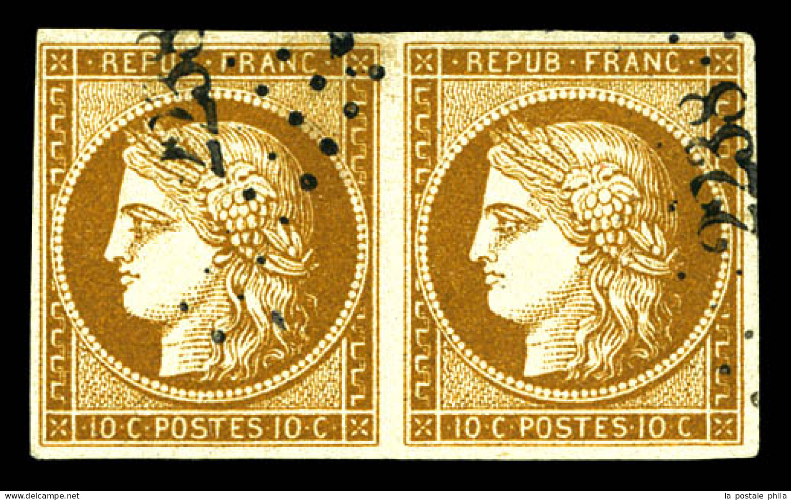 O N°1a, 10c Bistre-brun En Paire Obl Pc 2238, Très Frais. TTB (certificat)  Qualité: Oblitéré  Cote: 1000 Euros - 1849-1850 Ceres