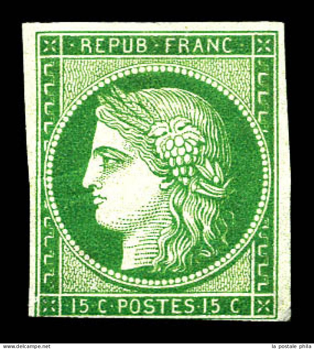 * N°2, 15c Vert, Nuance Soutenue, Filet Inférieur Touché, TB D'aspect. R.R. (signé Calves/certificats)  Qualité: *  Cote - 1849-1850 Ceres