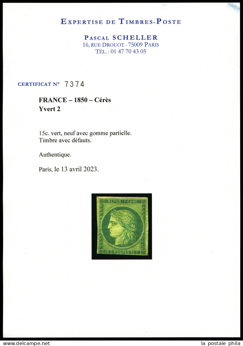 * N°2, 15c Vert, Nuance Soutenue, Filet Inférieur Touché, TB D'aspect. R.R. (signé Calves/certificats)  Qualité: *  Cote - 1849-1850 Ceres