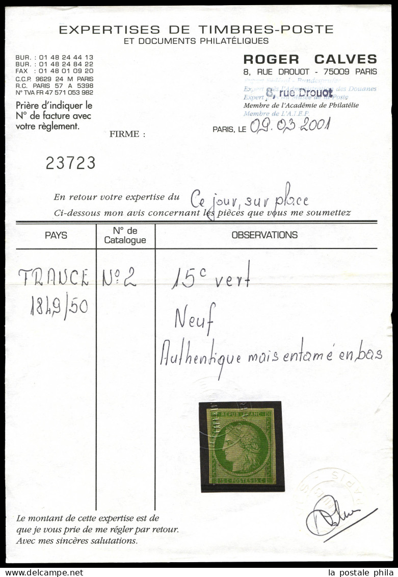 * N°2, 15c Vert, Nuance Soutenue, Filet Inférieur Touché, TB D'aspect. R.R. (signé Calves/certificats)  Qualité: *  Cote - 1849-1850 Cérès