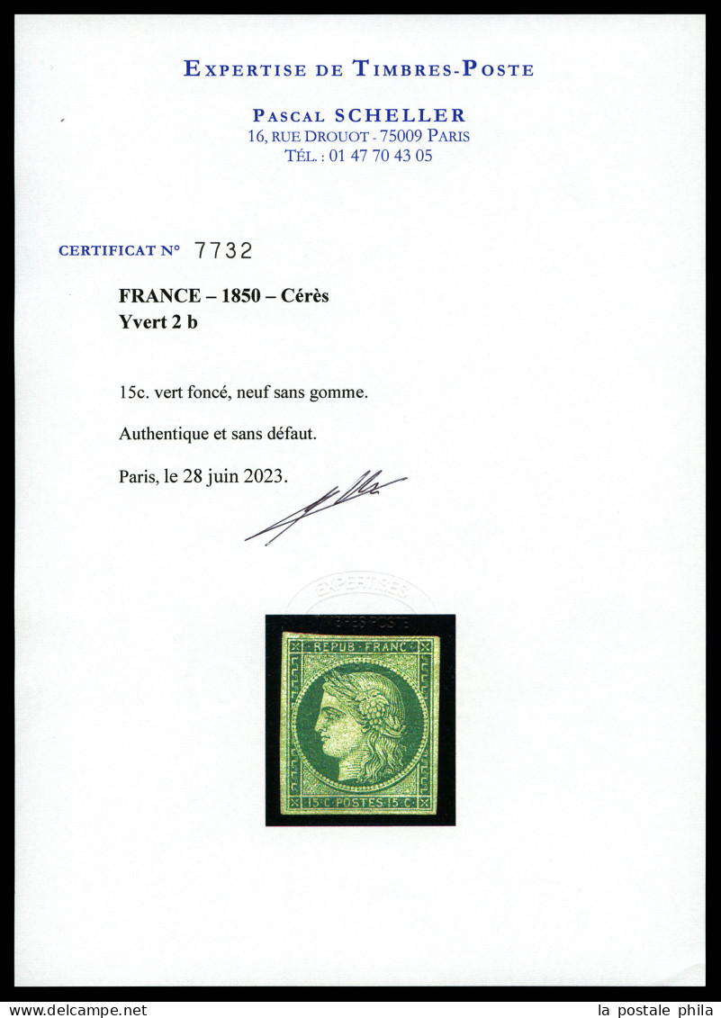 (*) N°2b, 15c Vert-foncé, Quatre Belles Marges Et Jolie Couleur, R.R.R (signé Calves/certificats)  Qualité: (*)  Cote: 1 - 1849-1850 Cérès