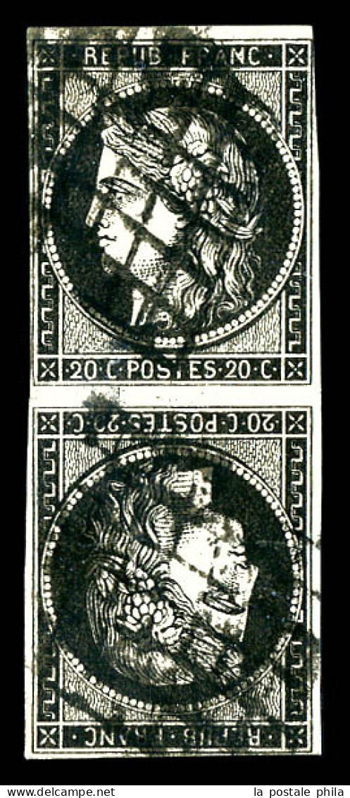 O N°3d, 20c Noir Sur Jaune En Paire Tête-bêche Verticale. TB. R. (signé Calves/certificat)  Qualité: Oblitéré  Cote: 900 - 1849-1850 Ceres