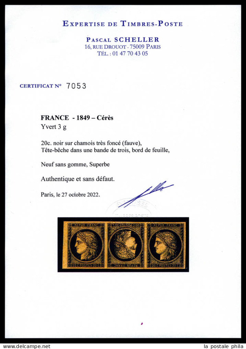 (*) N°3g, 20c Noir Sur Chamois Très Foncé Fauve: Tête-bêche Dans Une Bande De Trois Bdf. PIECE SUPERBE. R.R. (certificat - 1849-1850 Ceres