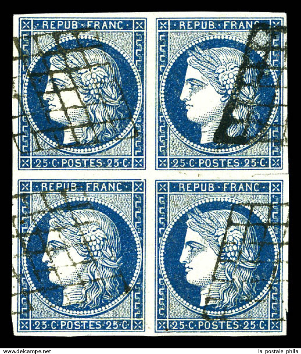 O N°4, 25c Bleu En Bloc De Quatre Obl Grille (pd), Très Belle Présentation. R. (certificat)  Qualité: Oblitéré  Cote: 62 - 1849-1850 Cérès