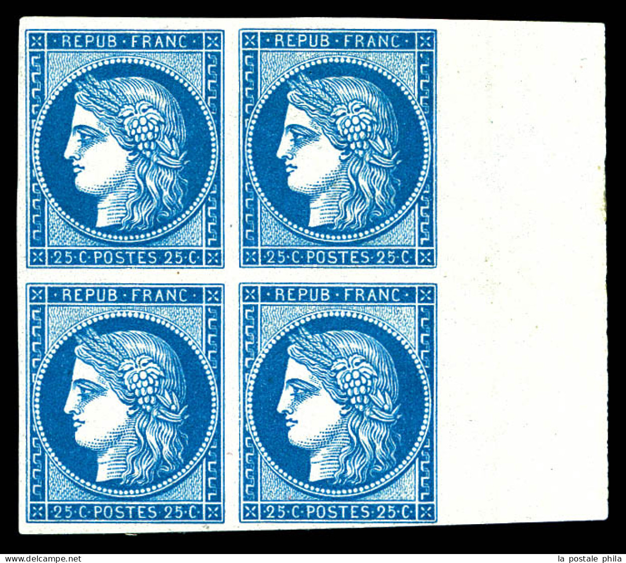 ** N°4d, 25c Bleu, Impression De 1862 En Bloc De Quatre (2ex*), Bord De Feuille Latéral, Fraîcheur Postale, R. SUP (cert - 1849-1850 Ceres