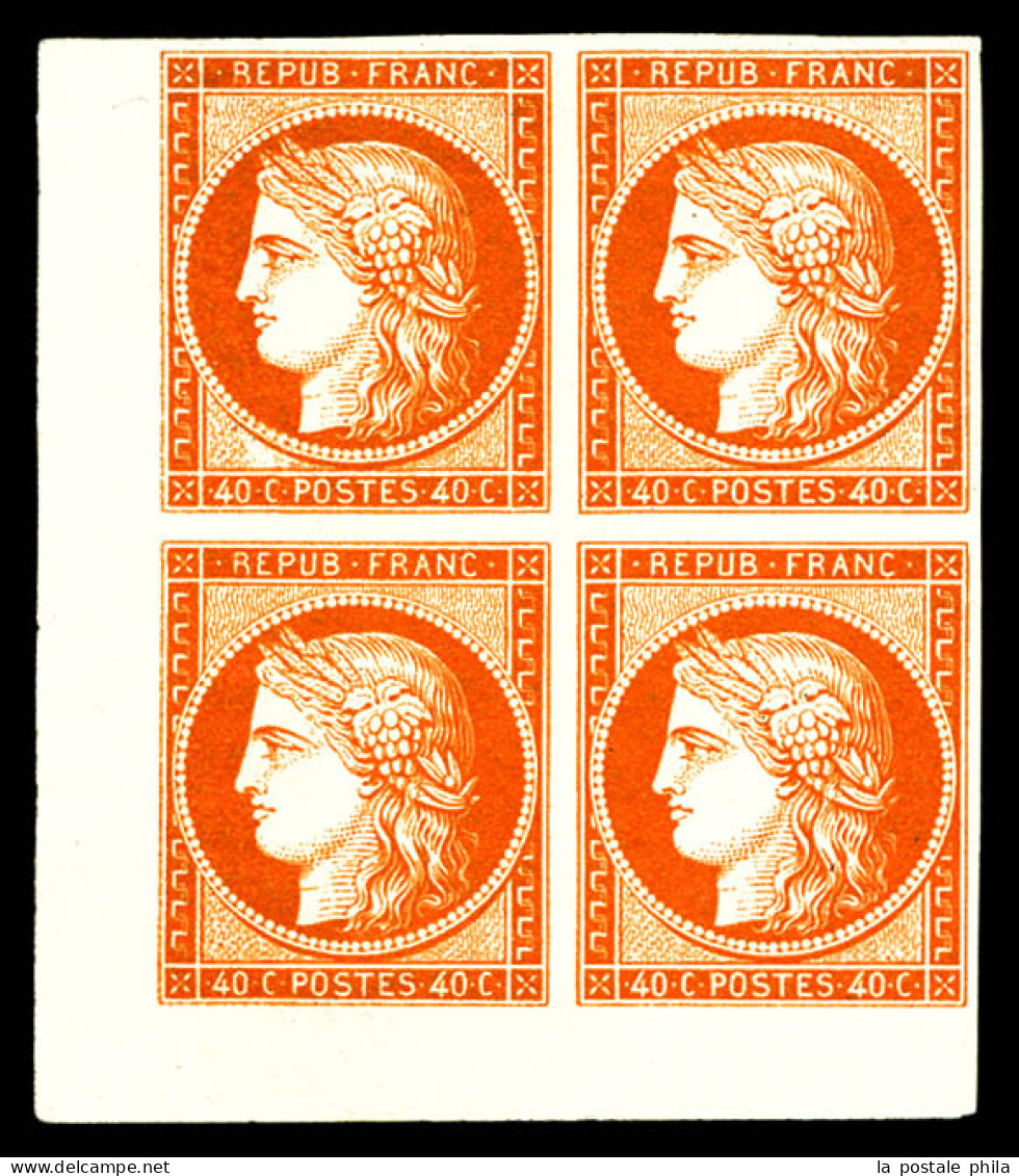 * N°5, 40c Orange, Gomme Blanche, Bloc De Quatre Coin De Feuille, Fraîcheur Postale, Un Des Plus Beaux Exemplaires Connu - 1849-1850 Cérès