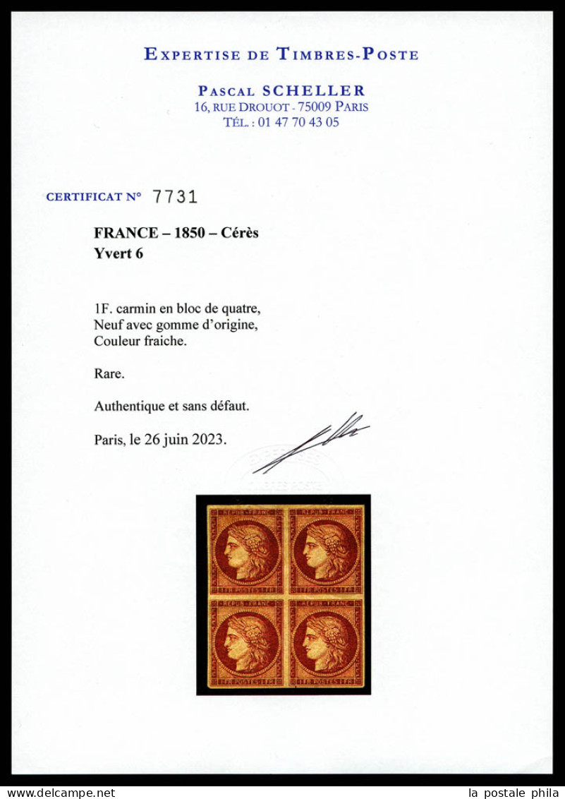 * N°6, 1F Carmin, Bloc De Quatre, Fraîcheur Postale, Pièce Exceptionnelle. GRANDE RARETE DE LA PHILATELIE FRANCAISE. SUP - 1849-1850 Cérès