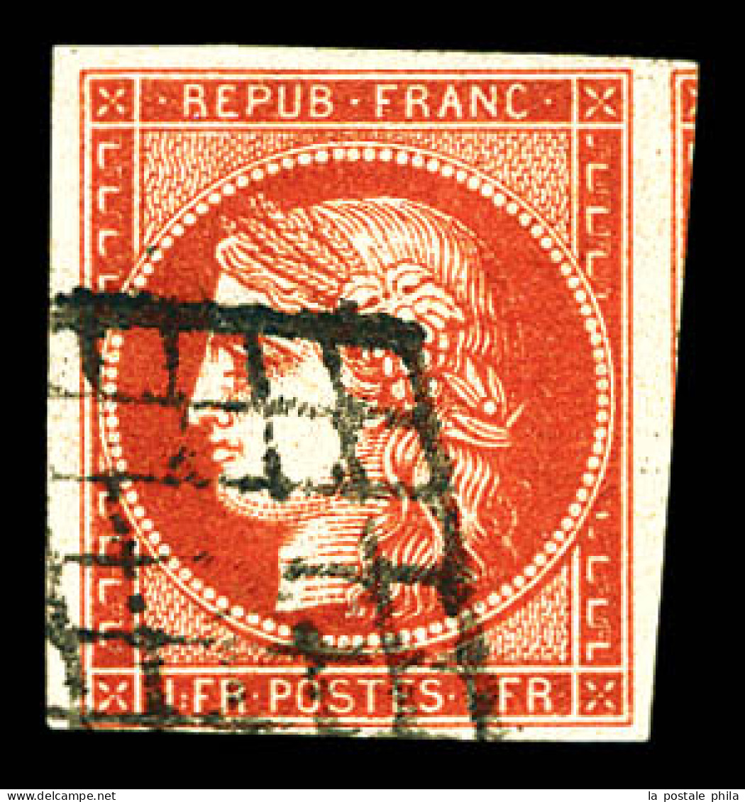 O N°7a, 1F Vermillon Vif Foncé Tirage De Sedan, Oblitéré Grille, TRES BELLES MARGES AVEC VOISIN, SUPERBE. R.R.R (signé C - 1849-1850 Cérès