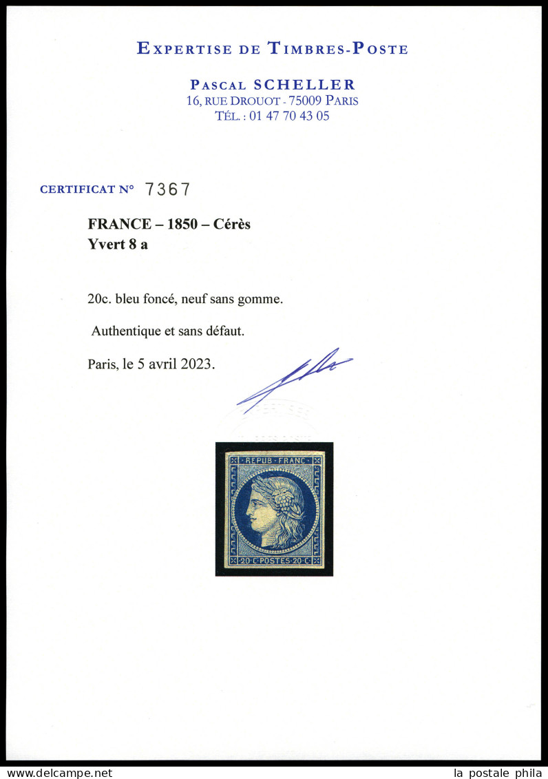 (*) N°8a, Non émis, 20c Bleu Foncé, Grande Fraîcheur, R.R. SUP (signé Scheller/certificat)  Qualité: (*)  Cote: 3400 Eur - 1849-1850 Ceres