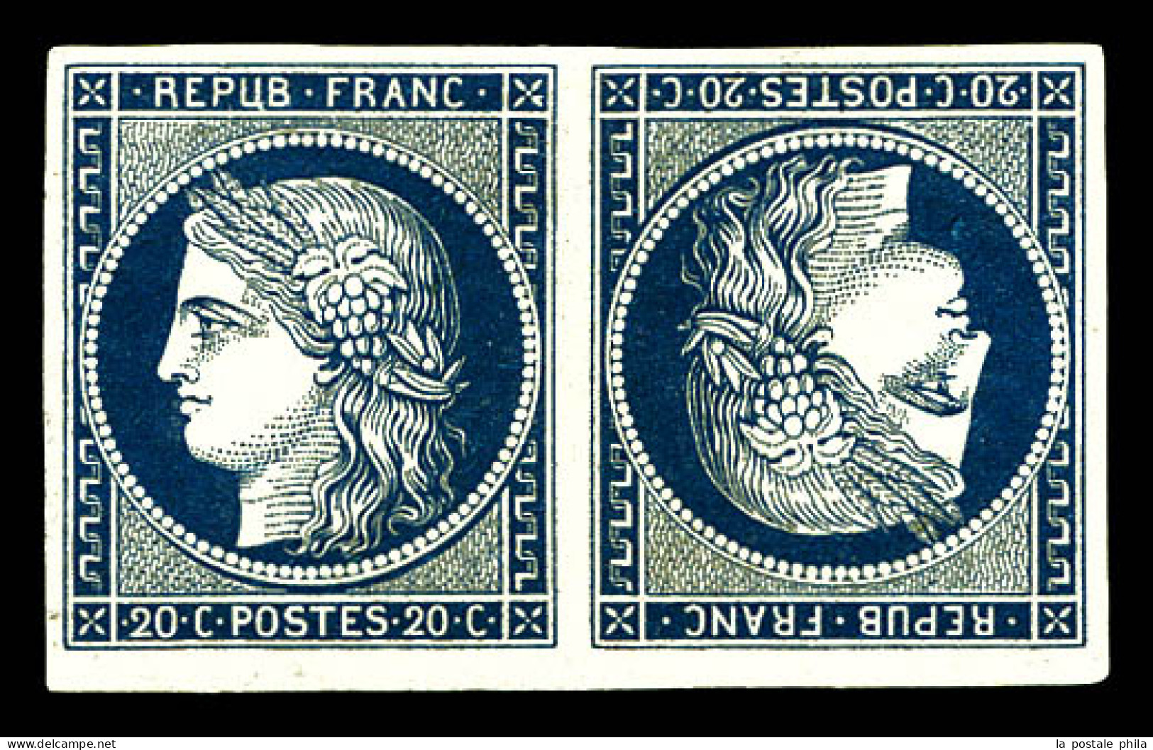 * N°8d, Non émis, 20c Bleu Foncé En Paire Tête-bêche, Bord De Feuille Inférieur, Quatre Belles Marges Et Fraîcheur Posta - 1849-1850 Cérès