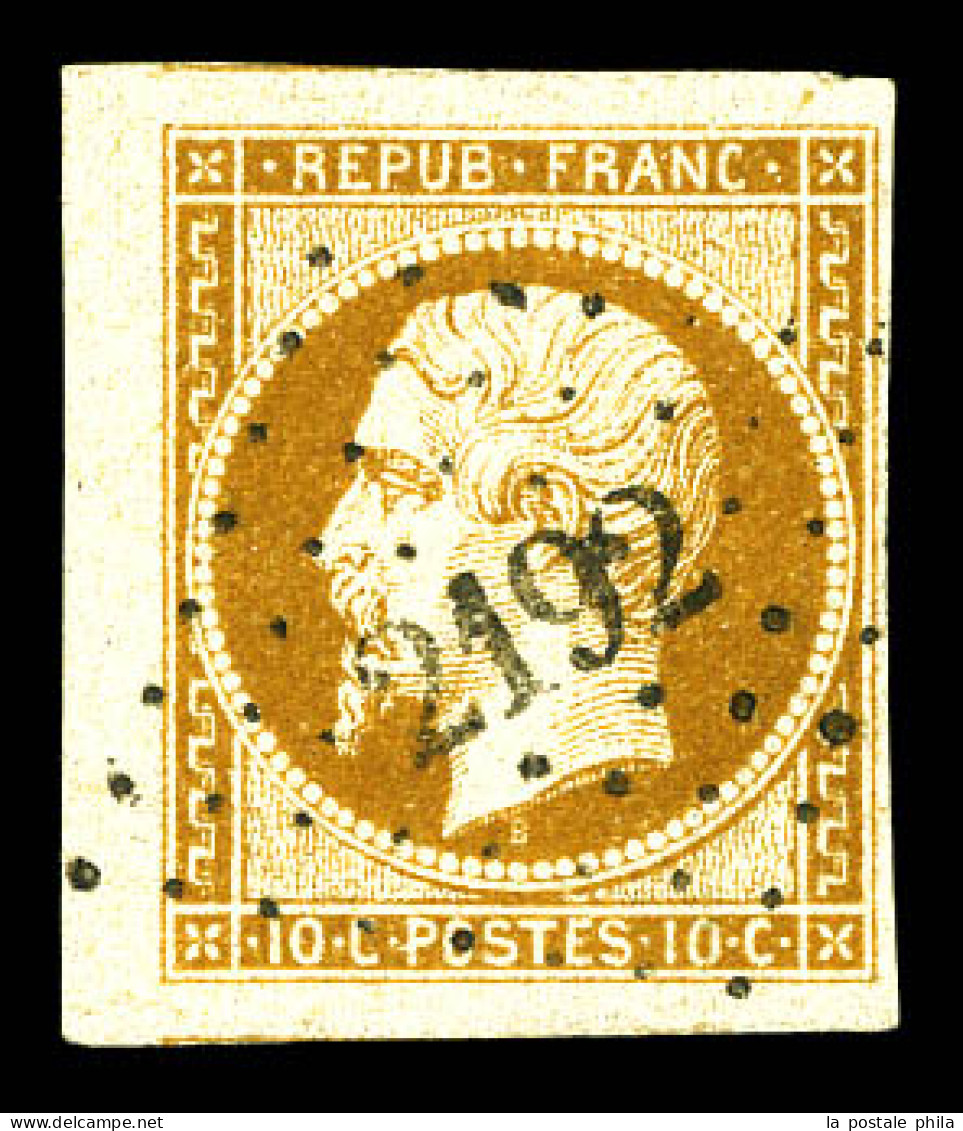 O N°9, 10c Bistre-jaune Obl Pc 2192, Bord De Feuille Latéral, Grandes Marges Avec Voisins. SUPERBE (signé Scheller/certi - 1852 Louis-Napoleon