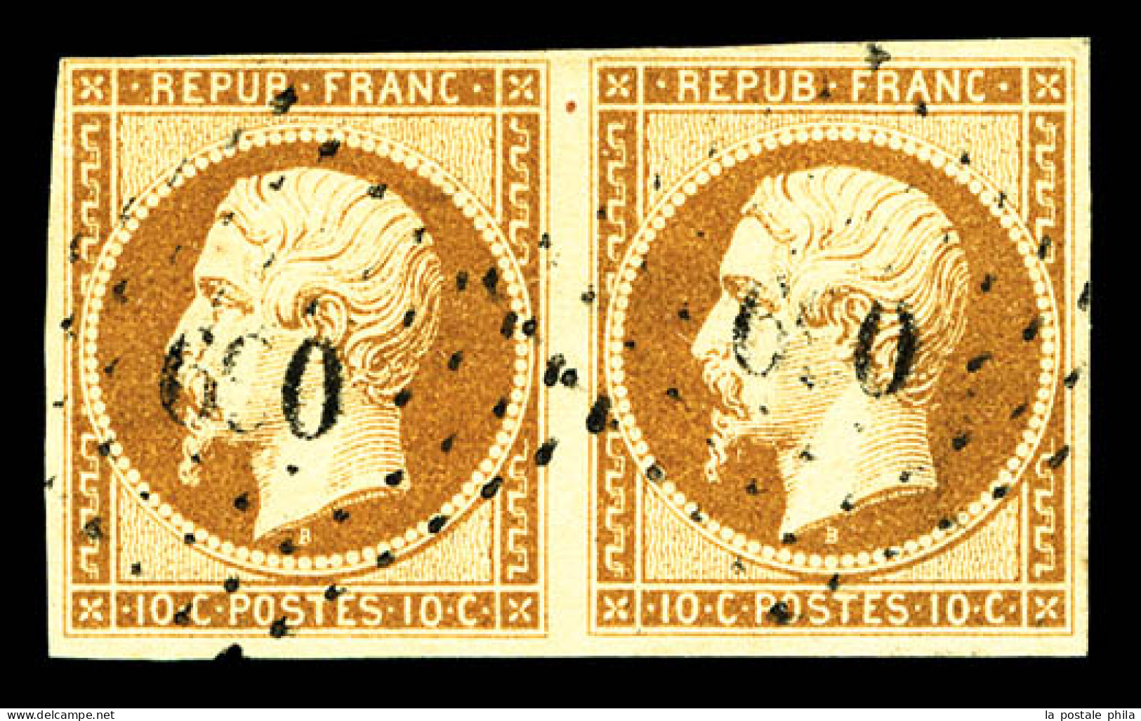 O N°9, 10c Bistre En Paire Horizontale, TB (signé Brun/certificat)  Qualité: Oblitéré  Cote: 1900 Euros - 1852 Louis-Napoleon