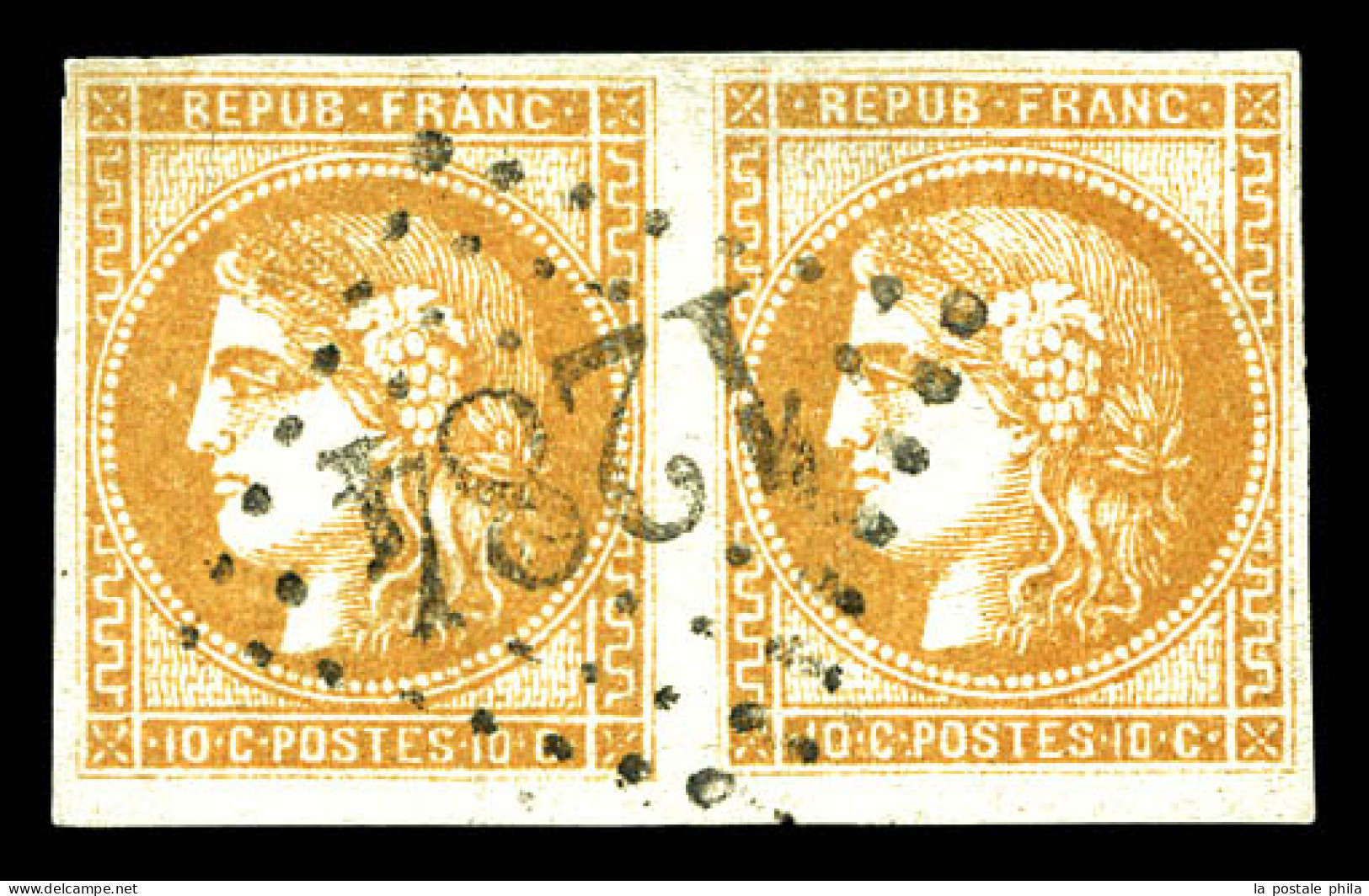 O N°43Ba, 10c Bistre-roux En Paire Obl GC 1284. TTB  Qualité: Oblitéré - 1870 Bordeaux Printing