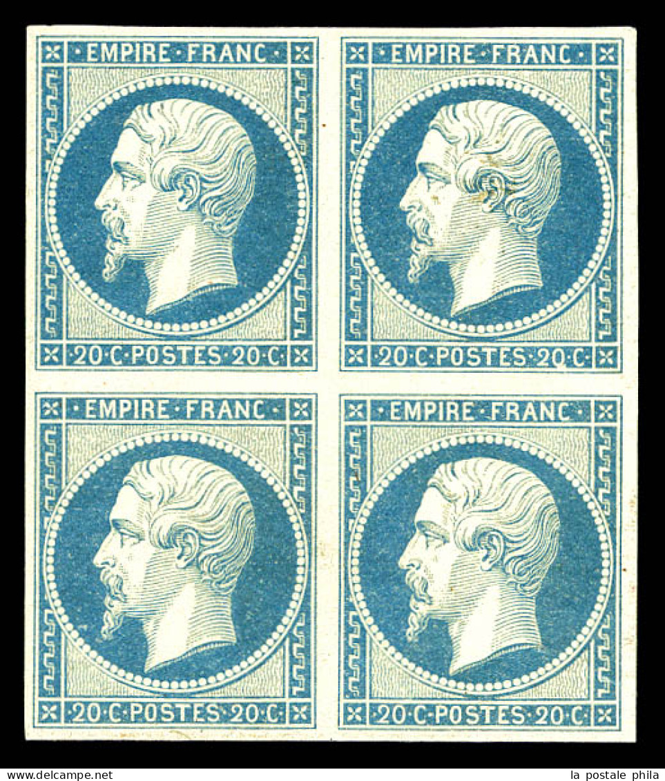 ** N°14Af, 20c Bleu Laiteux Type I, Bloc De Quatre, Fraîcheur Postale. SUP (signé Calves/certificat)  Qualité: ** - 1853-1860 Napoléon III