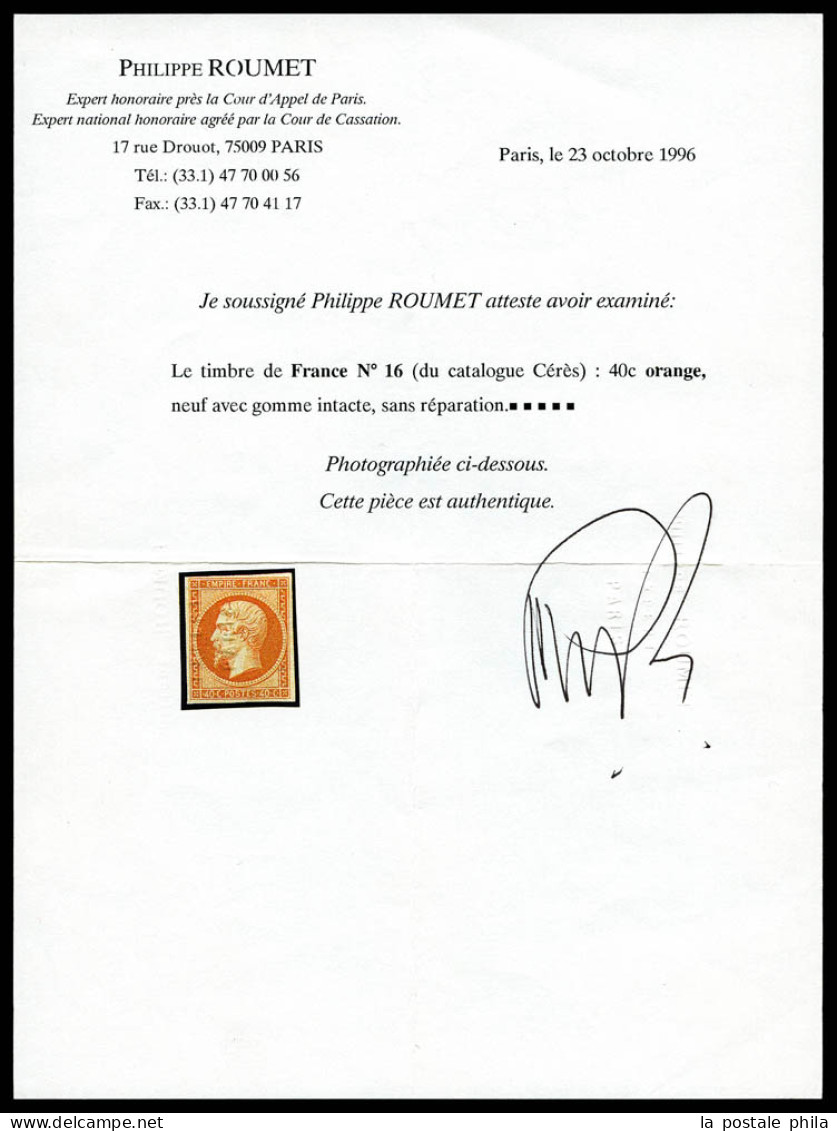 ** N°16, 40c Orange, FRAÎCHEUR POSTALE, SUPERBE (Signé/certificats)  Qualité: ** - 1853-1860 Napoléon III.