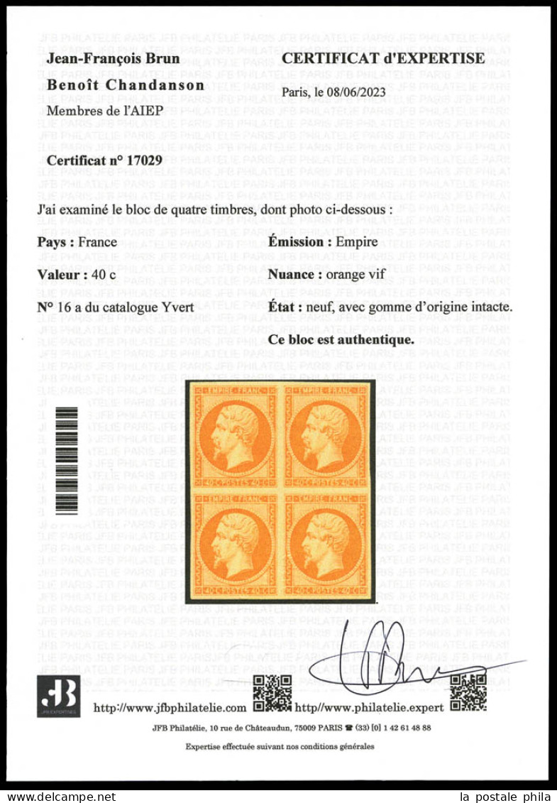 ** N°16a, 40c Orange-vif En Bloc De Quatre, Fraîcheur Postale. SUPERBE. R.R. (signé Calves/Certificats)  Qualité: ** - 1853-1860 Napoleon III