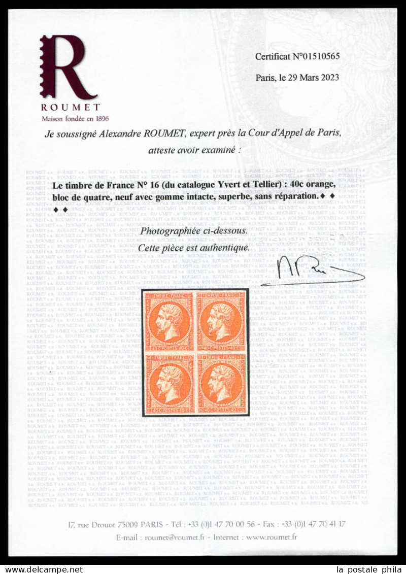 ** N°16a, 40c Orange-vif En Bloc De Quatre, Fraîcheur Postale. SUPERBE. R.R. (signé Calves/Certificats)  Qualité: ** - 1853-1860 Napoléon III