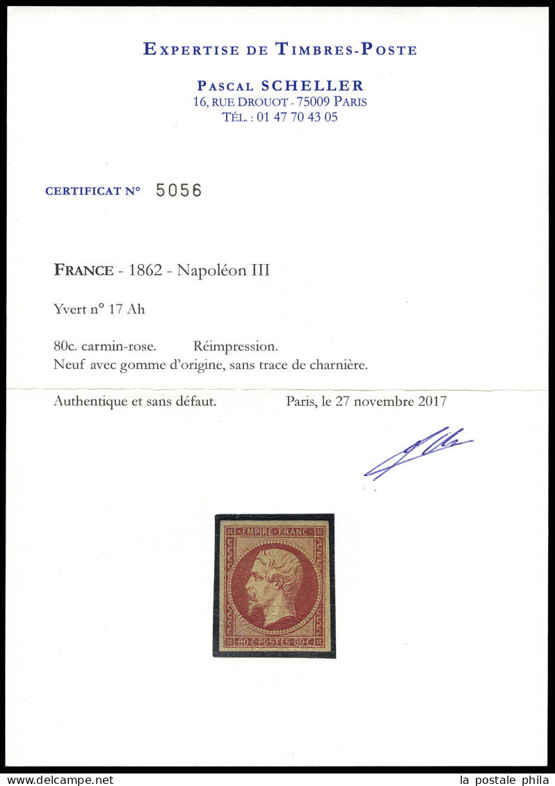 ** N°17Ah, 80c Carmin-rose, Impression De 1862, Fraîcheur Postale, SUPERBE (certificats)  Qualité: ** - 1853-1860 Napoléon III.