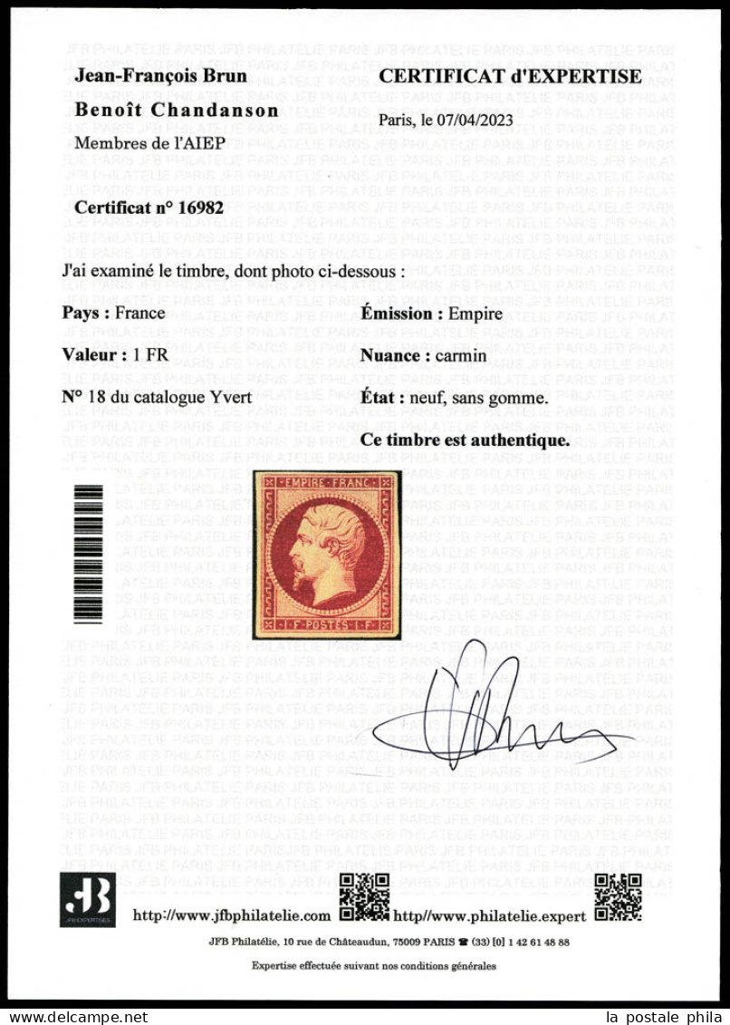 (*) N°18, 1f Carmin, Très Jolie Pièce. TTB (certificats)  Qualité: (*)  Cote: 4000 Euros - 1853-1860 Napoleon III