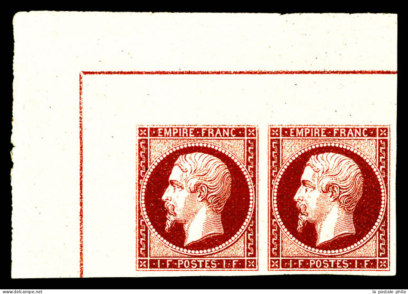 ** N°18c, 1F Carmin-foncé En Paire Coin De Feuille Intégral Avec Double Lignes D'encadrement, Fraîcheur Postale. PIECE E - 1853-1860 Napoléon III.