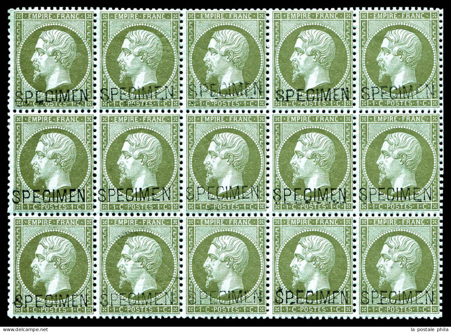 ** N°19f, 1c Vert-olive Surchargé 'SPECIMEN' En Bloc De 15 Exemplaires (3ex*), Fraîcheur Postale. SUPERBE. R.R. (certifi - 1862 Napoleon III