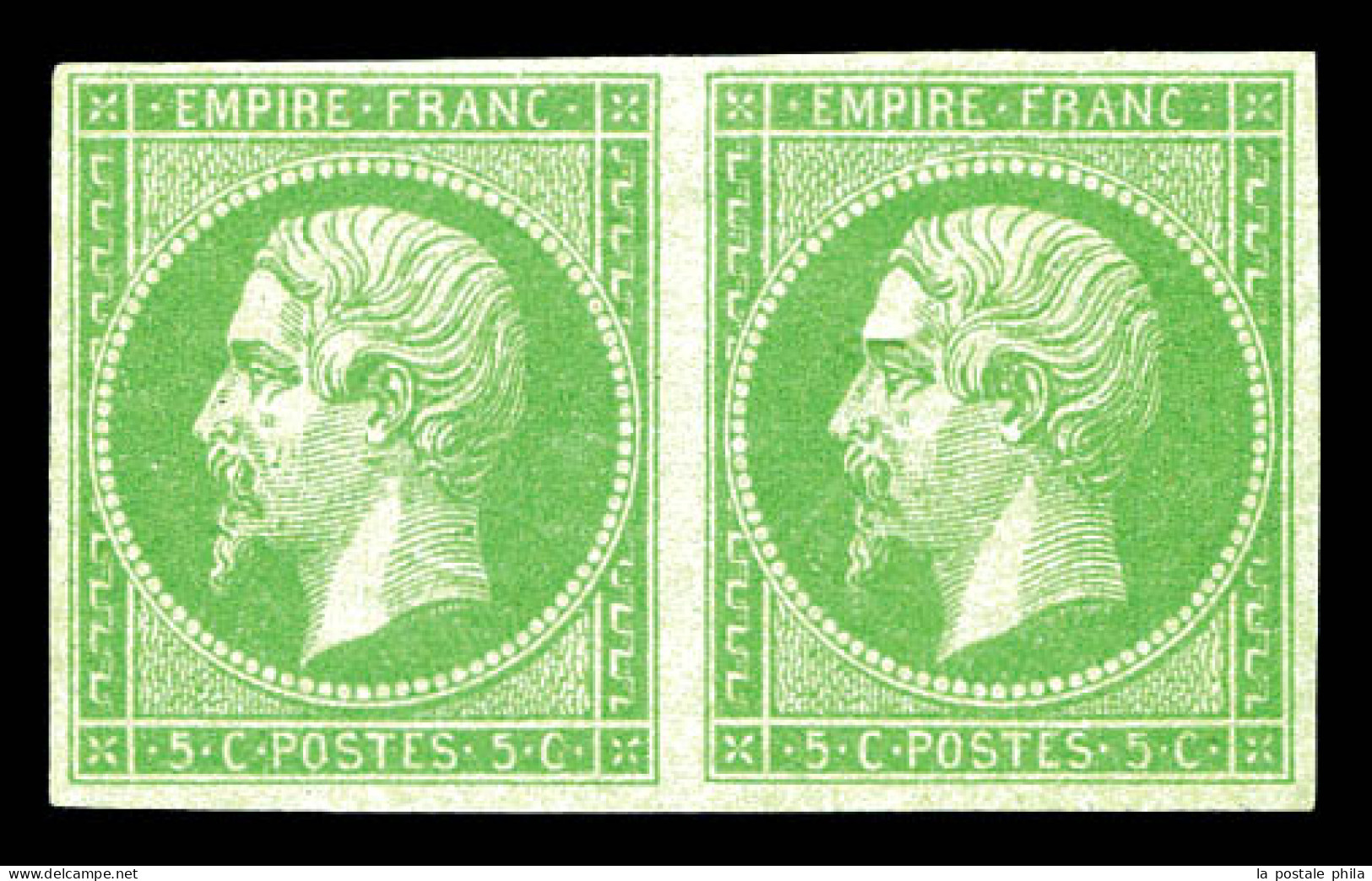 * N°20, 5c Vert-jaune NON DENTELE ACCIDENTEL En Paire Quasi **. SUPERBE. R.R. (signé Scheller/certificats)  Qualité: * - 1862 Napoléon III.