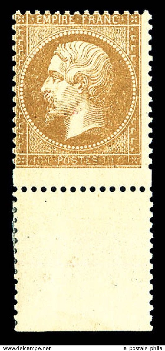 ** N°21, 10c Bistre: VARIÉTÉ PIQUAGE DECALE (timbre Plus Grand), Bas De Feuille, FRAÎCHEUR POSTALE, SUPERBE (signé Calve - 1862 Napoléon III.