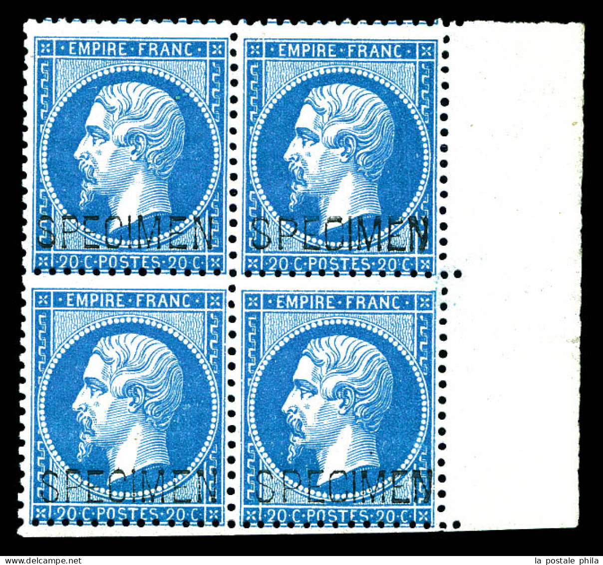 ** N°22d, 20c Bleu En Bloc De Quatre Bord De Feuille Surchargé 'SPECIMEN' (2ex*), FRAÎCHEUR POSTALE, RARE ET SUPERBE (ce - 1862 Napoléon III